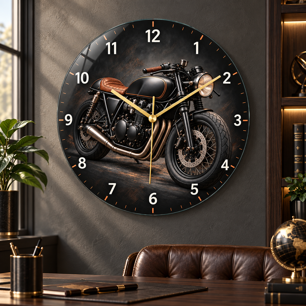 Siyah cafe racer motosiklet cam duvar saati premium ofis