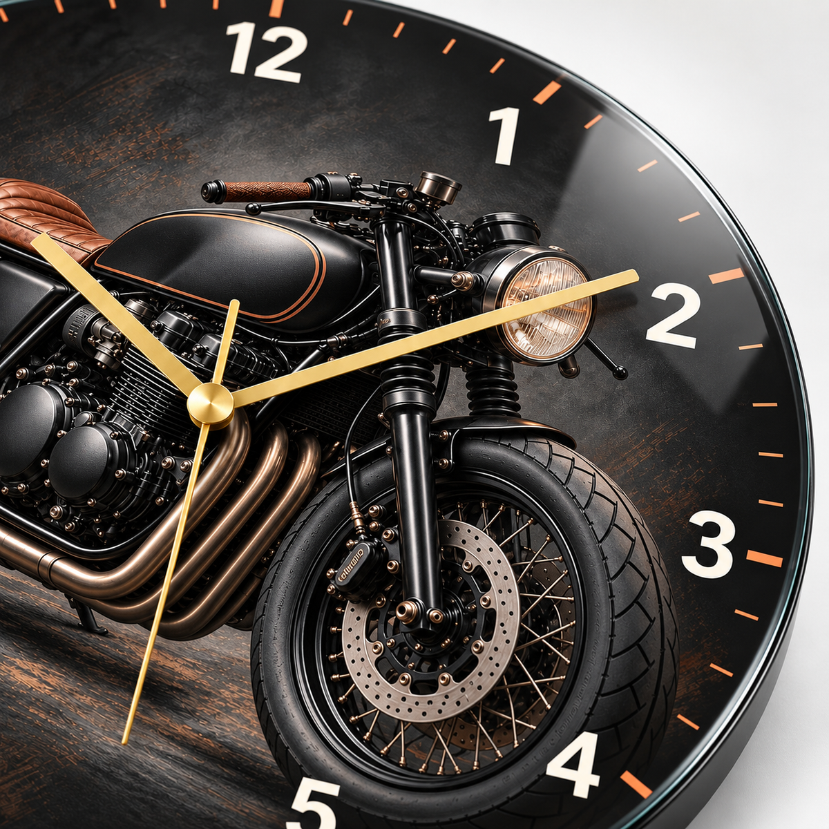 Siyah cafe racer motosiklet cam duvar saati UV baskı yakın plan