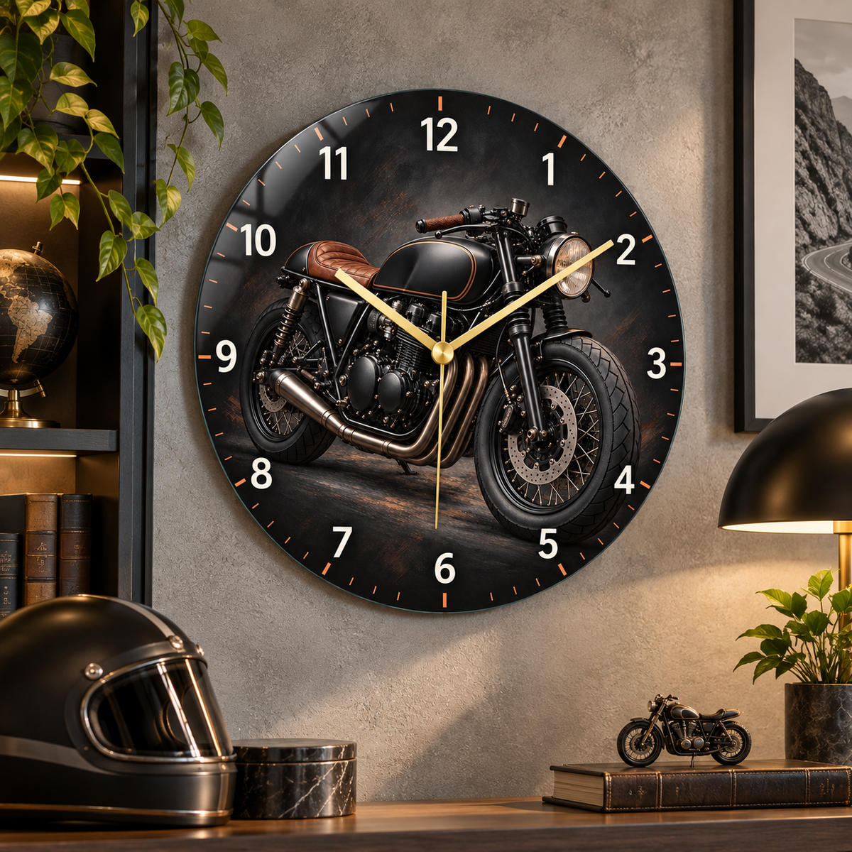 Siyah cafe racer motosiklet cam duvar saati alternatif premium mekan