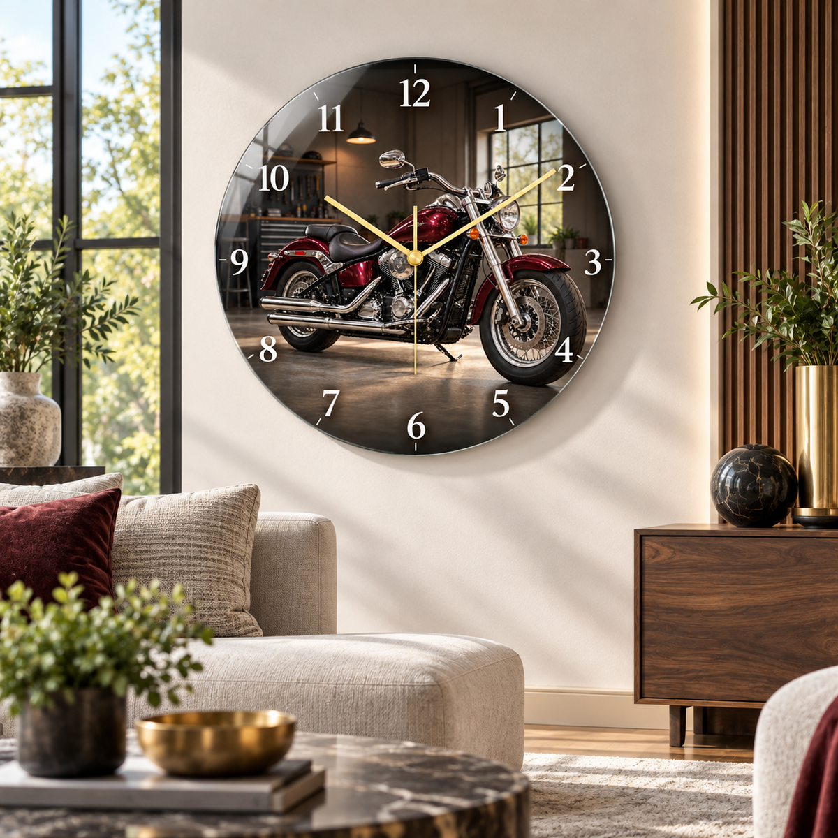 Bordo klasik motosiklet cam duvar saati premium salon