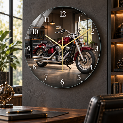 Bordo klasik motosiklet cam duvar saati premium ofis