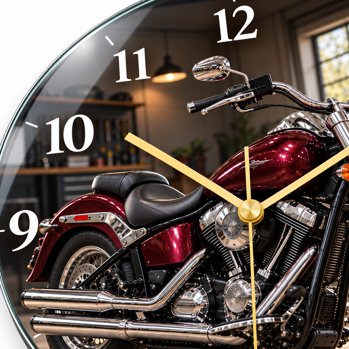Bordo motosiklet cam duvar saati UV baskı yakın plan