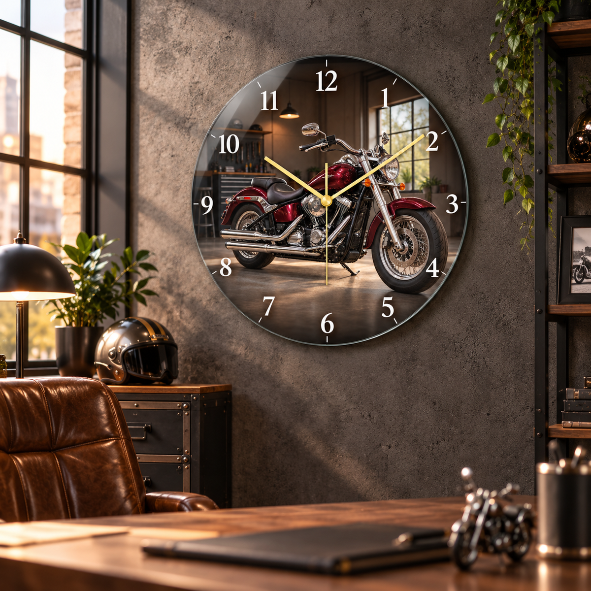Bordo klasik motosiklet cam duvar saati alternatif premium mekan
