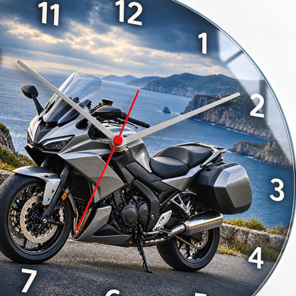 Gümüş touring motosiklet cam duvar saati UV baskı yakın plan