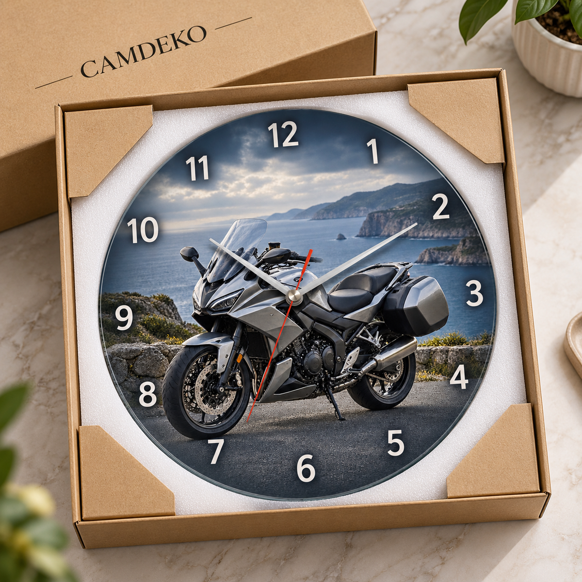 Gümüş touring motosiklet cam duvar saati korumalı CAMDEKO paketleme