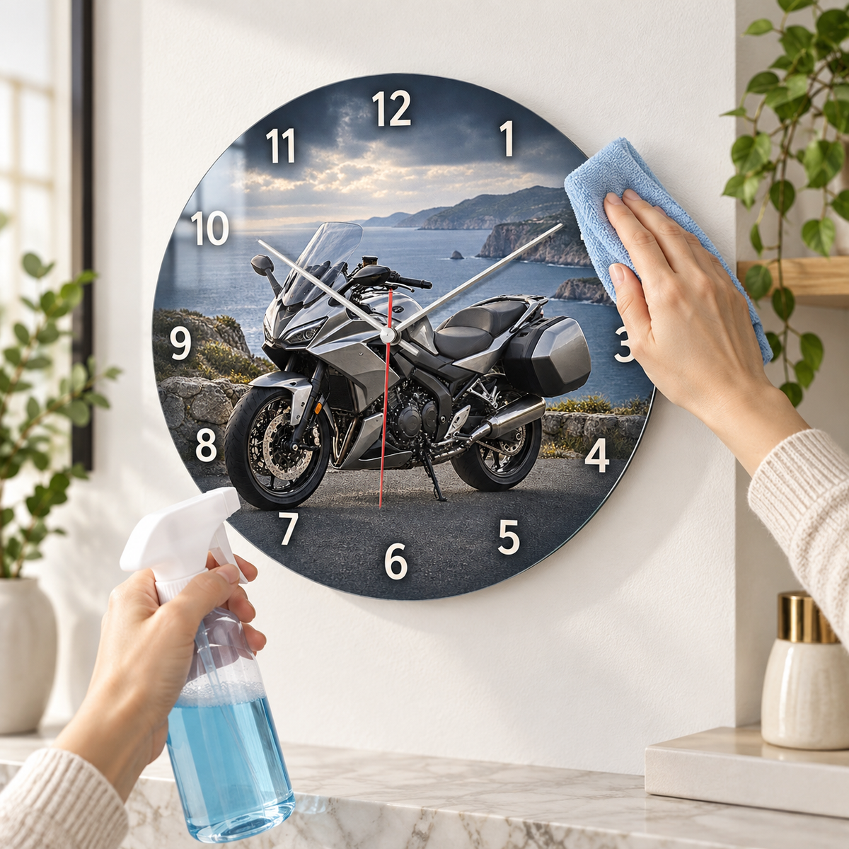 Gümüş touring motosiklet cam duvar saati kolay temizlik
