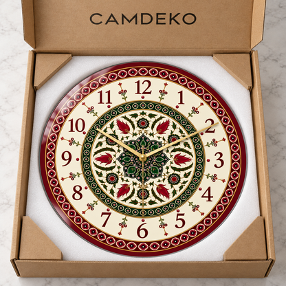 Bordo Osmanlı çiçekli cam duvar saati – CAMDEKO güvenli kraft paketleme