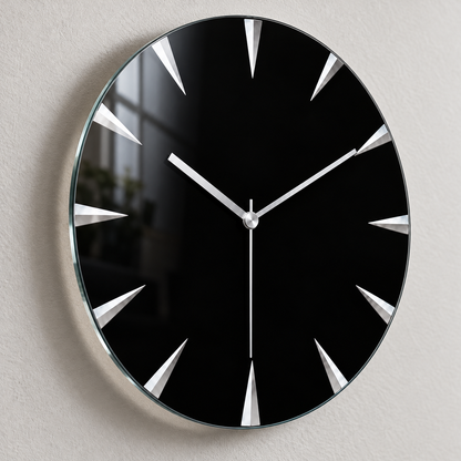 Gümüş kollu minimalist siyah cam duvar saati – Yaklaşık 2 cm duvar mesafesi