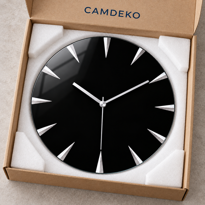 Gümüş kollu minimalist siyah cam duvar saati – CAMDEKO koruyucu paketleme