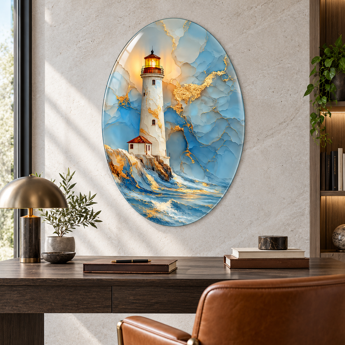 Altın Detaylı Deniz Feneri Dikey Oval Cam Tablo - Çalışma odası