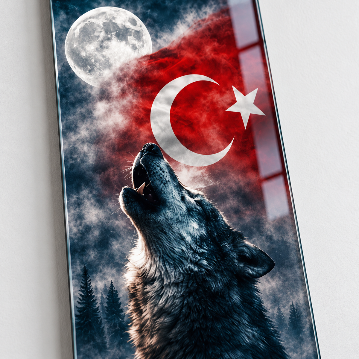 Dolunay ve Türk Bayrağı Altında Kurt Dikey Skate Board Cam Tablo – UV baskı detayı