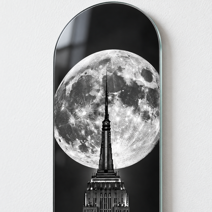 Dolunay ve New York Dikey Skate Board Cam Tablo — UV baskı detayı