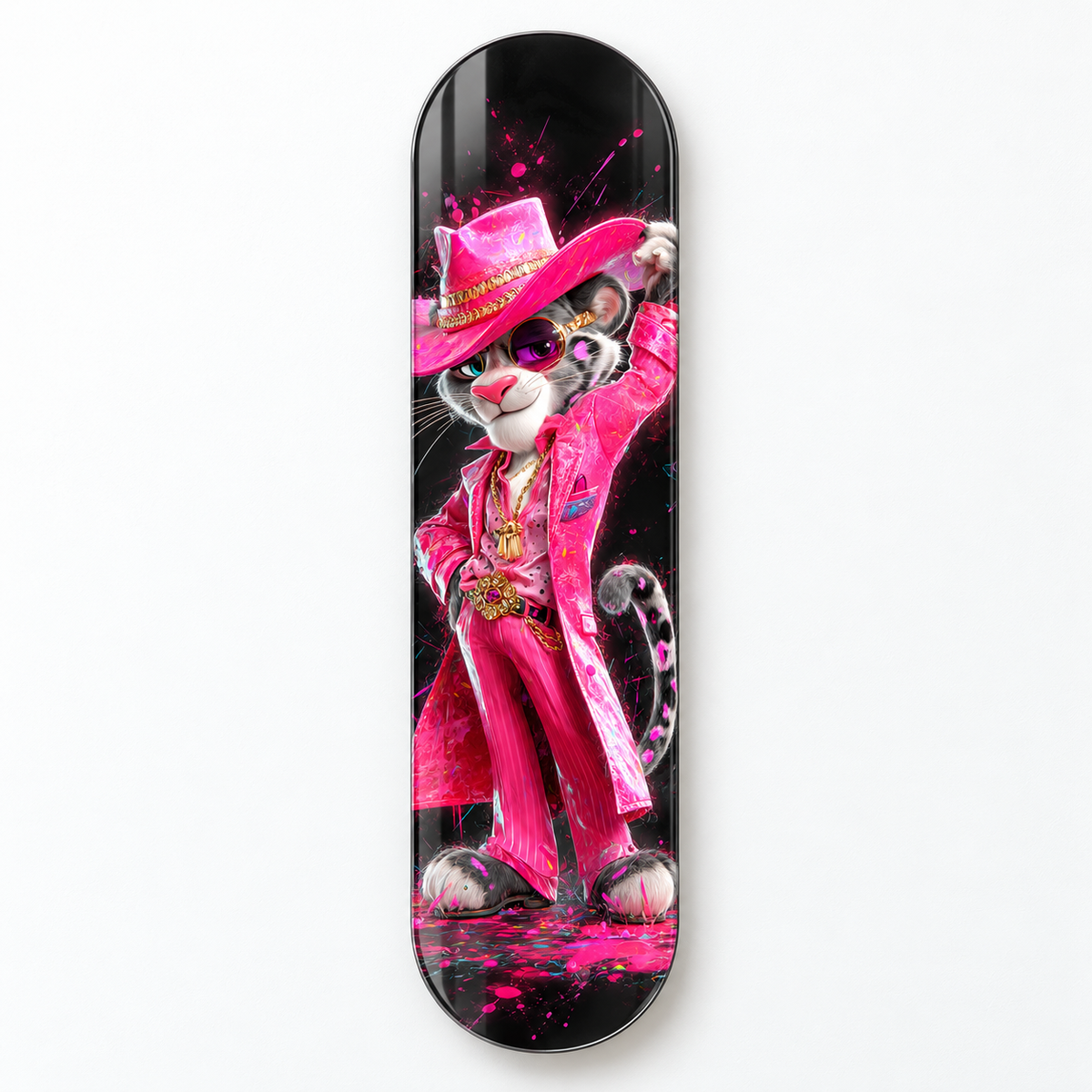 Pembe Kovboy Şapkalı Panter Dikey Skate Board Cam Tablo - katalog