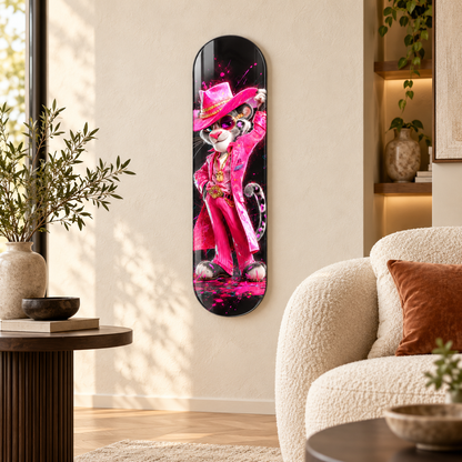 Pembe Kovboy Şapkalı Panter Dikey Skate Board Cam Tablo - salon