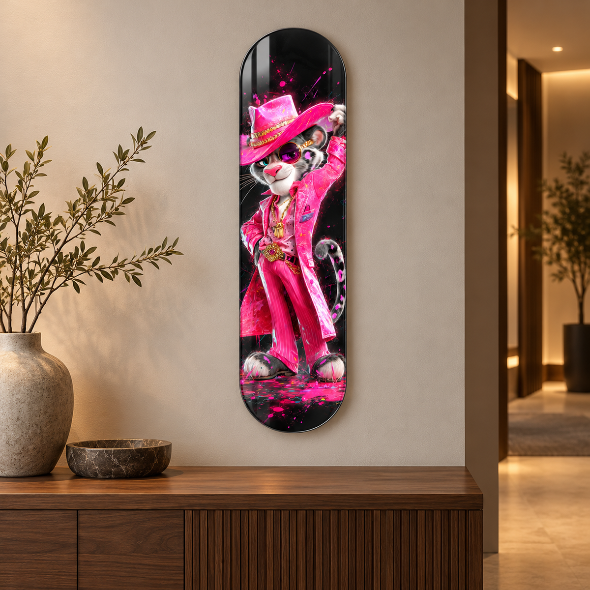 Pembe Kovboy Şapkalı Panter Dikey Skate Board Cam Tablo - konsol