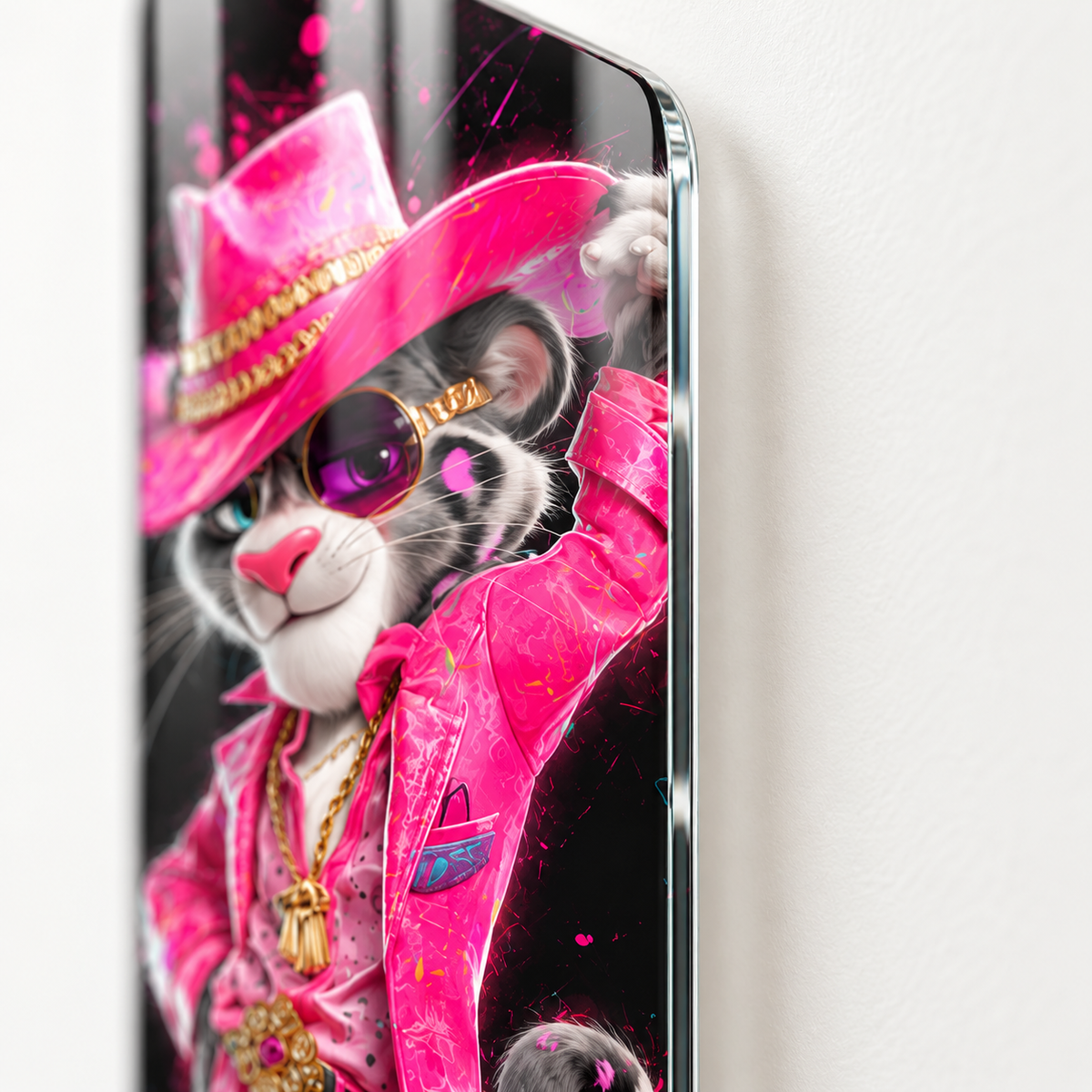 Pembe Kovboy Şapkalı Panter Dikey Skate Board Cam Tablo - cam-kenari