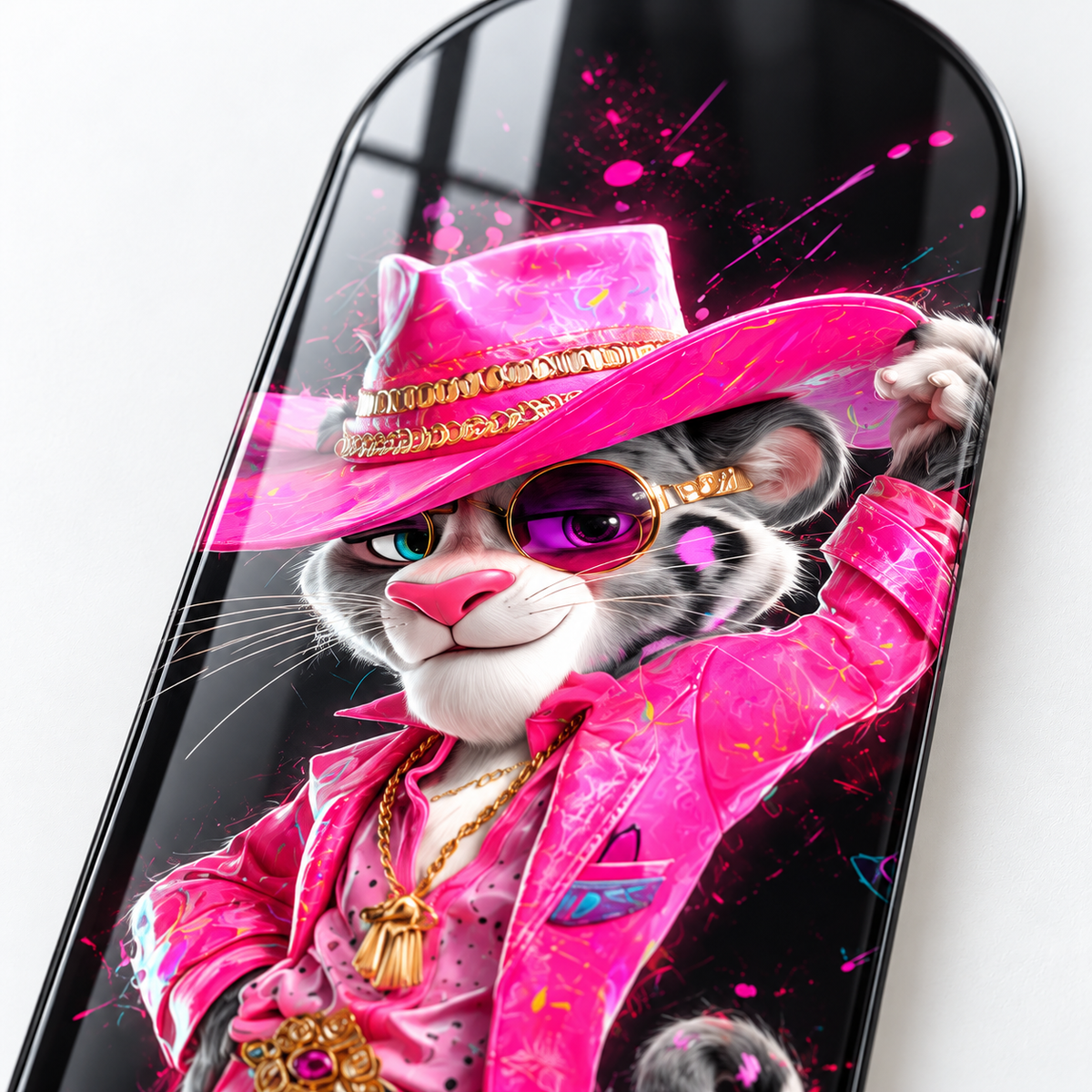 Pembe Kovboy Şapkalı Panter Dikey Skate Board Cam Tablo - baski-detayi