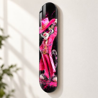 Pembe Kovboy Şapkalı Panter Dikey Skate Board Cam Tablo - duvar-mesafesi