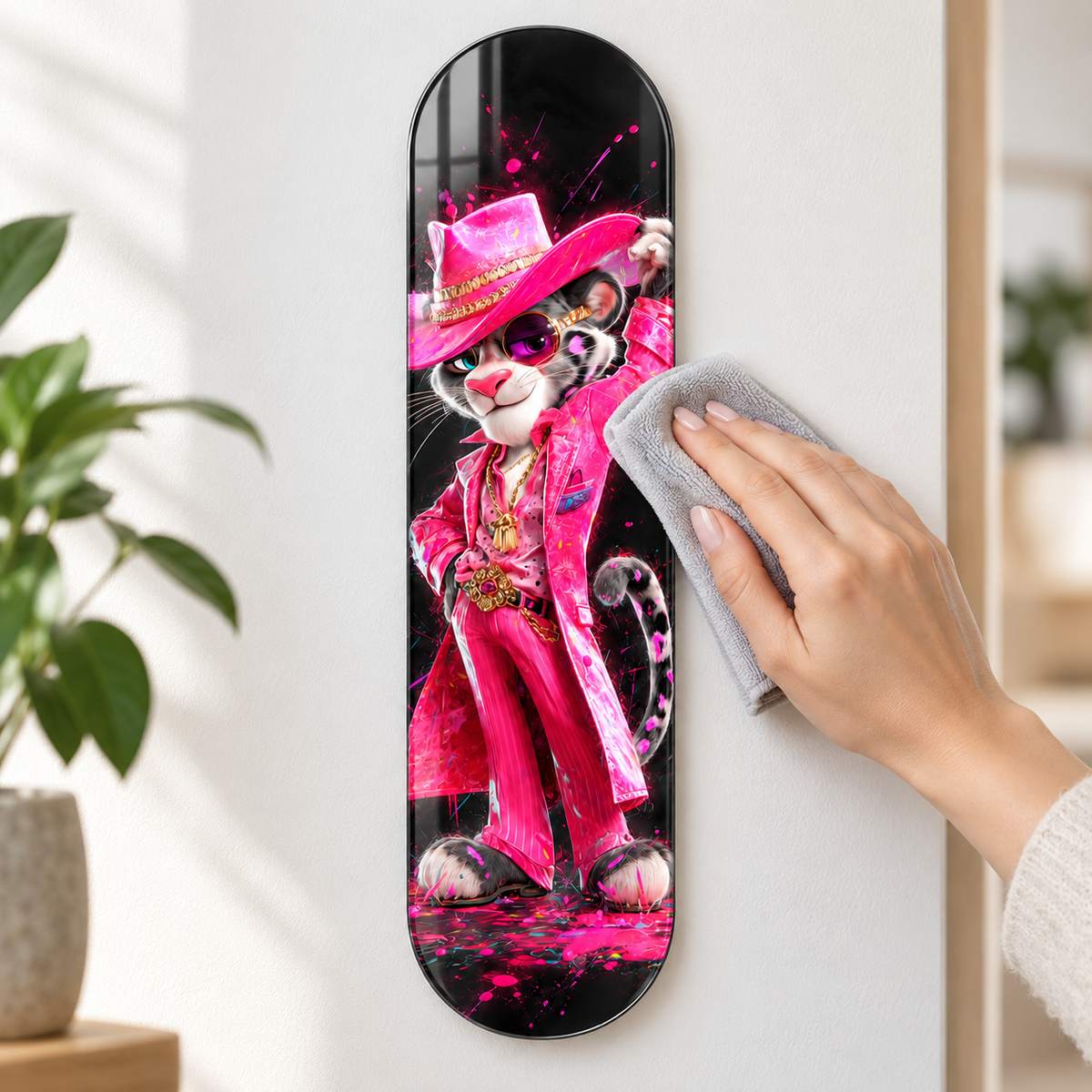 Pembe Kovboy Şapkalı Panter Dikey Skate Board Cam Tablo - temizlik