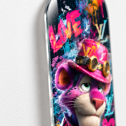 Pembe Şapkalı Grafiti Panter Dikey Skate Board Cam Tablo - cam-kenari
