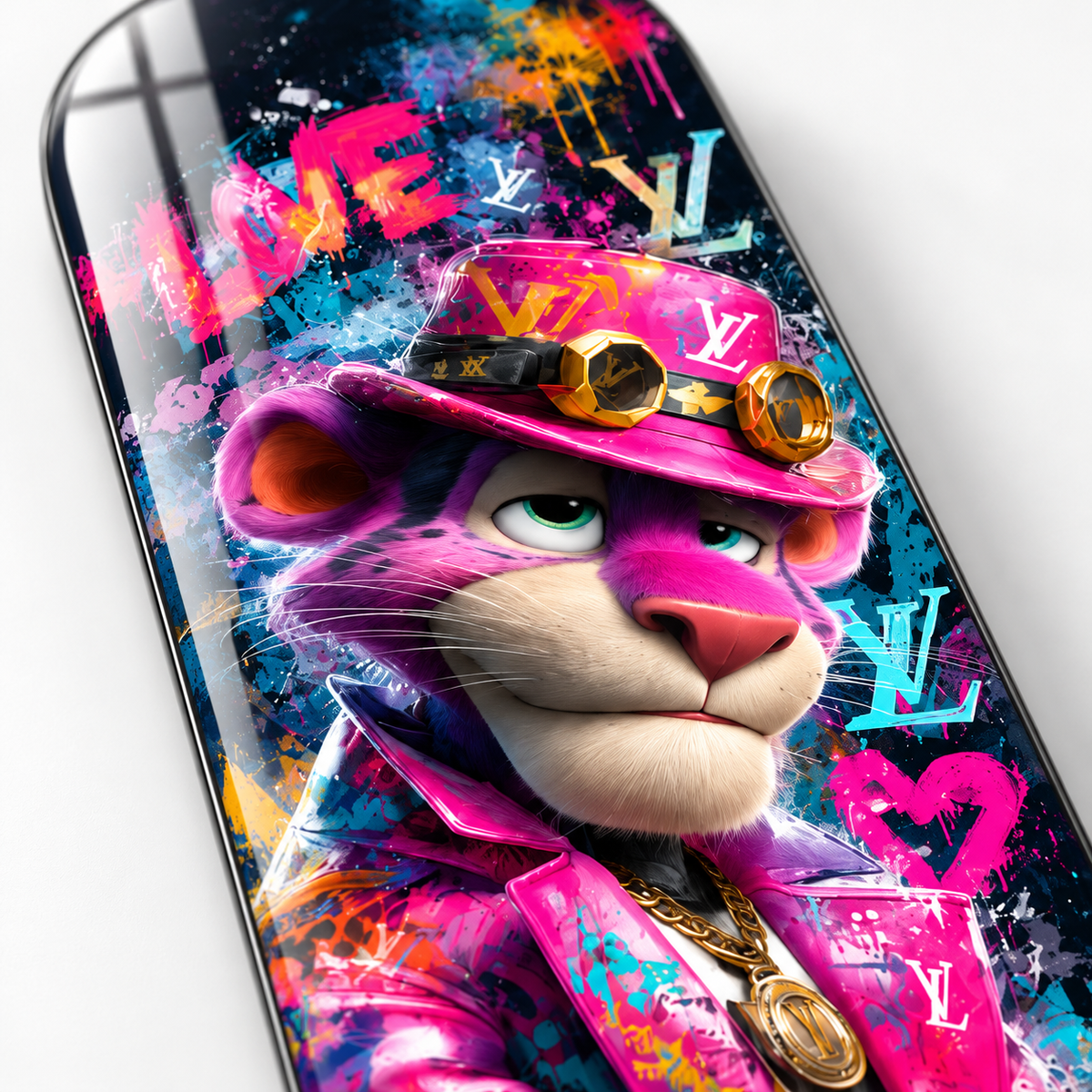 Pembe Şapkalı Grafiti Panter Dikey Skate Board Cam Tablo - baski-detayi