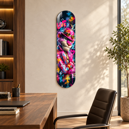 Pembe Şapkalı Grafiti Panter Dikey Skate Board Cam Tablo - ofis