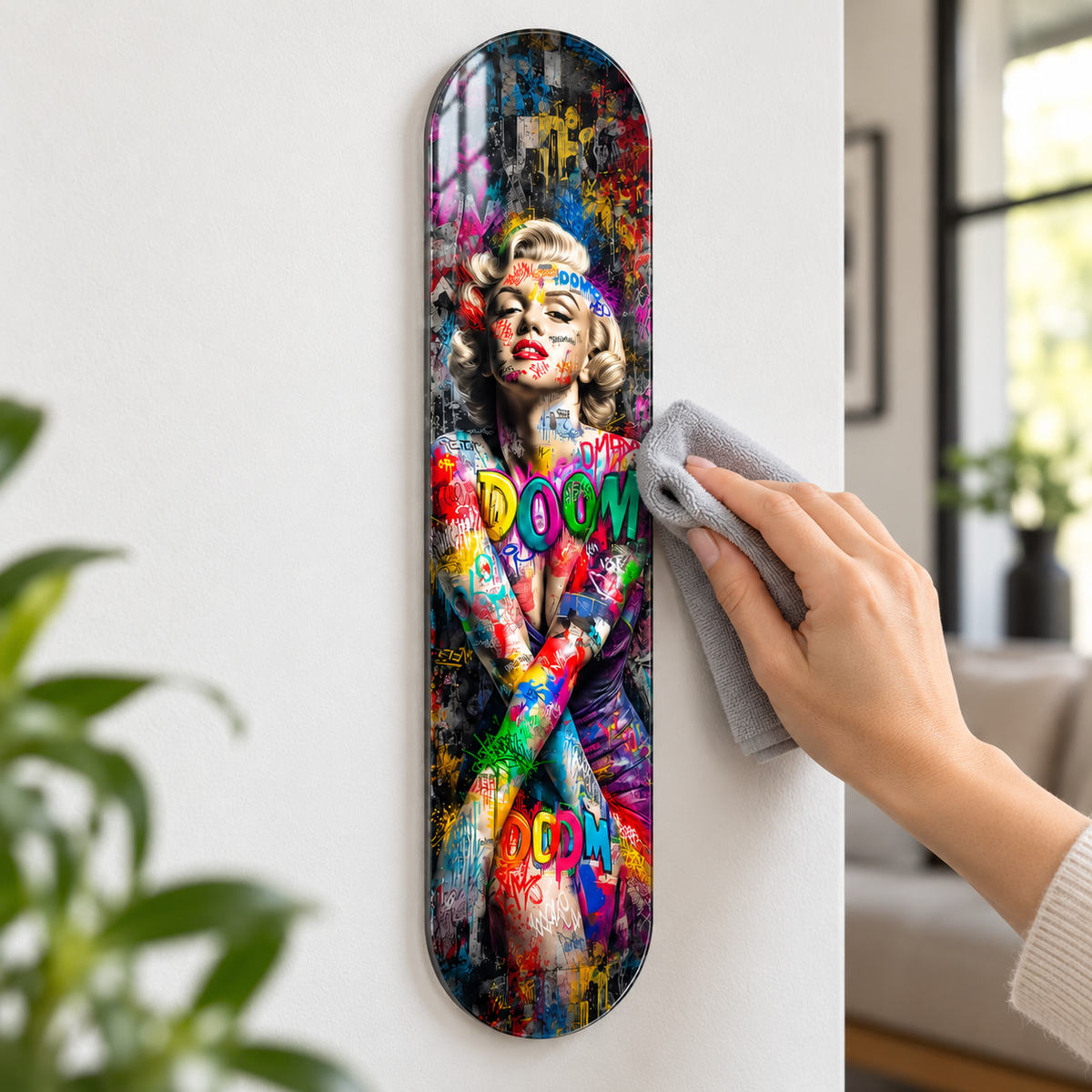 Renkli Grafiti Marilyn Portresi Dikey Skate Board Cam Tablo - temizlik