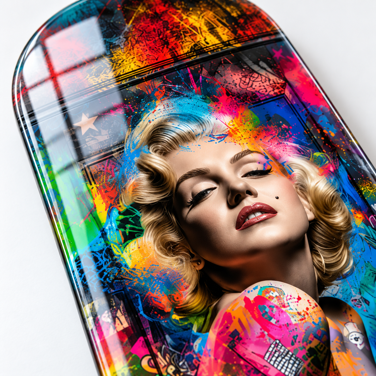 Pop Art Marilyn ve Renkli Kapı Dikey Skate Board Cam Tablo - baski-detayi