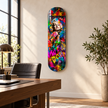 Pop Art Marilyn ve Renkli Kapı Dikey Skate Board Cam Tablo - ofis
