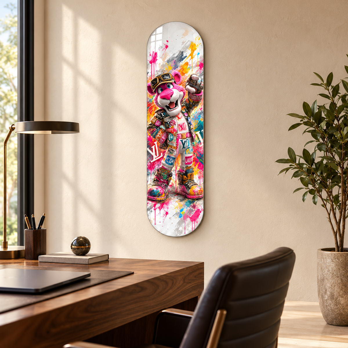 Neşeli Pembe Sokak Stili Panter Dikey Skate Board Cam Tablo - ofis