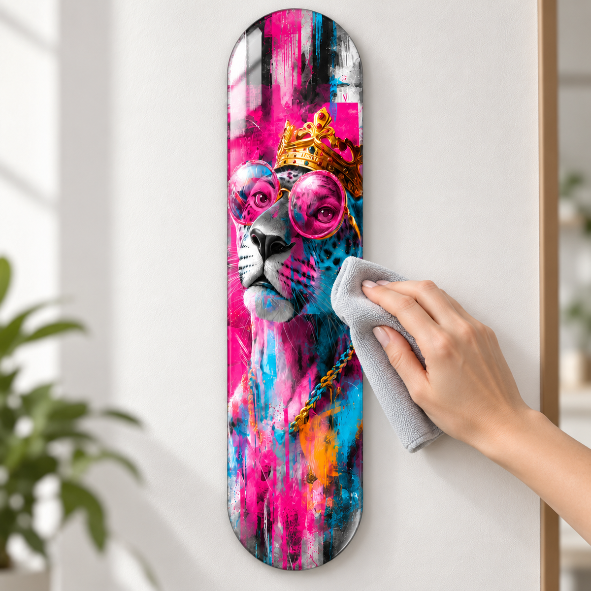 Altın Taçlı Pembe Gözlüklü Panter Dikey Skate Board Cam Tablo - temizlik