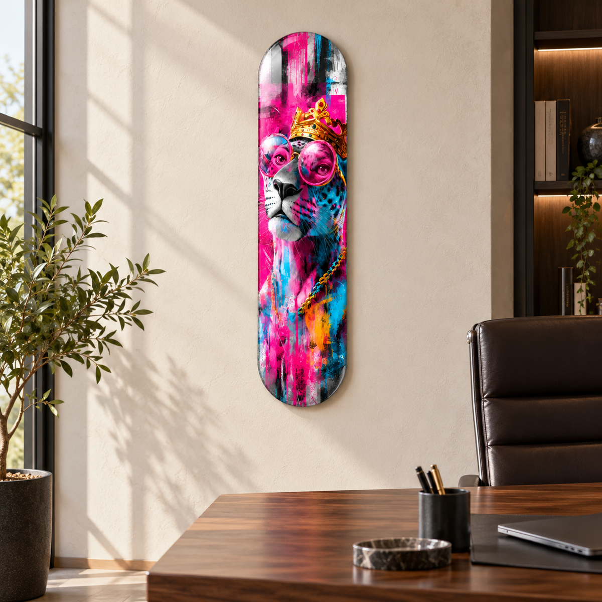Altın Taçlı Pembe Gözlüklü Panter Dikey Skate Board Cam Tablo - ofis