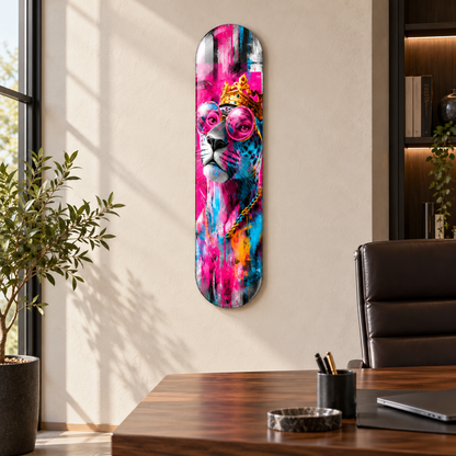 Altın Taçlı Pembe Gözlüklü Panter Dikey Skate Board Cam Tablo - ofis