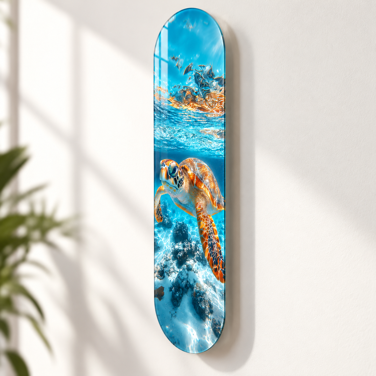 Turkuaz Sularda Deniz Kaplumbağası Dikey Skate Board Cam Tablo - duvar-mesafesi