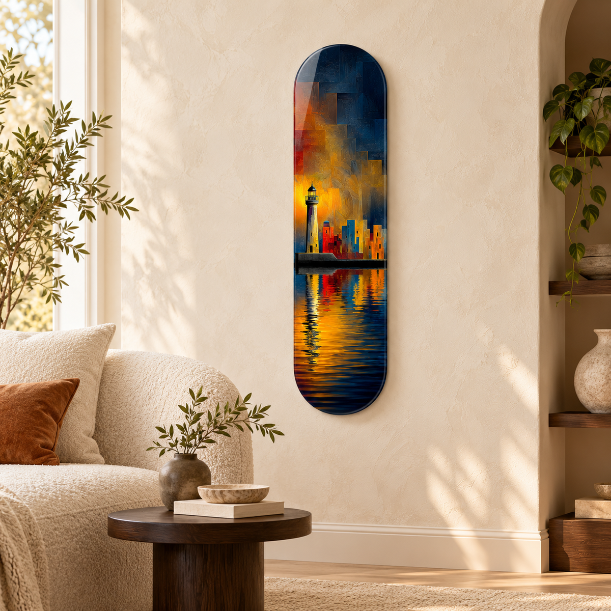 Gece Işığında Deniz Feneri ve Kent Dikey Skate Board Cam Tablo - salon