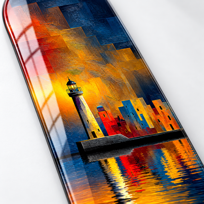 Gece Işığında Deniz Feneri ve Kent Dikey Skate Board Cam Tablo - baski-detayi