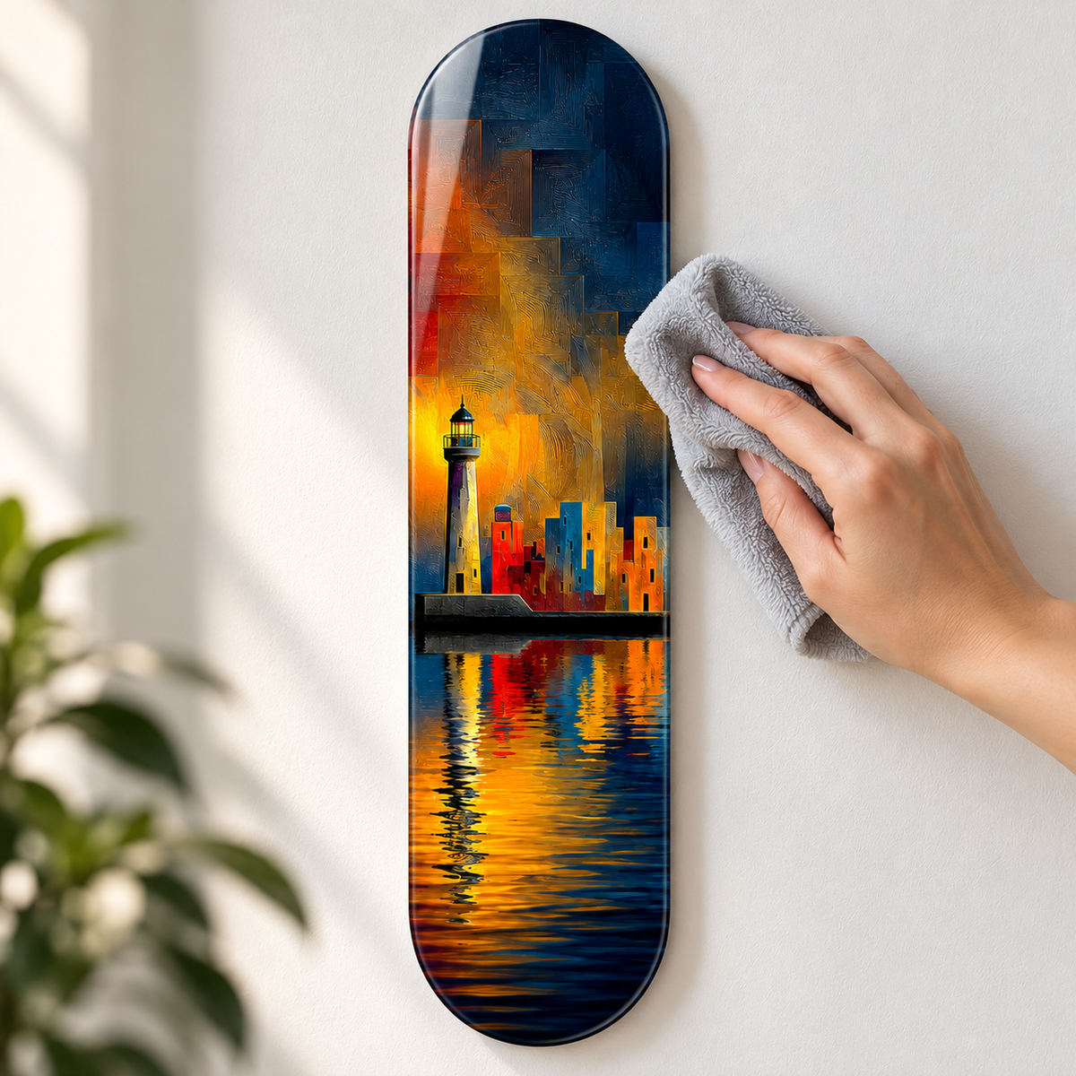 Gece Işığında Deniz Feneri ve Kent Dikey Skate Board Cam Tablo - temizlik