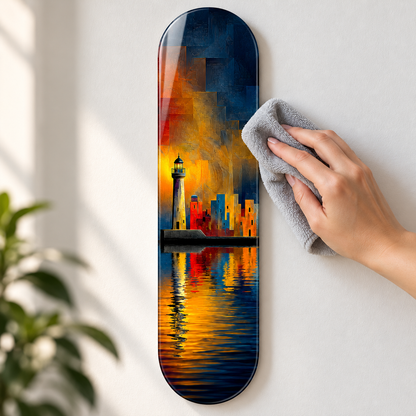 Gece Işığında Deniz Feneri ve Kent Dikey Skate Board Cam Tablo - temizlik