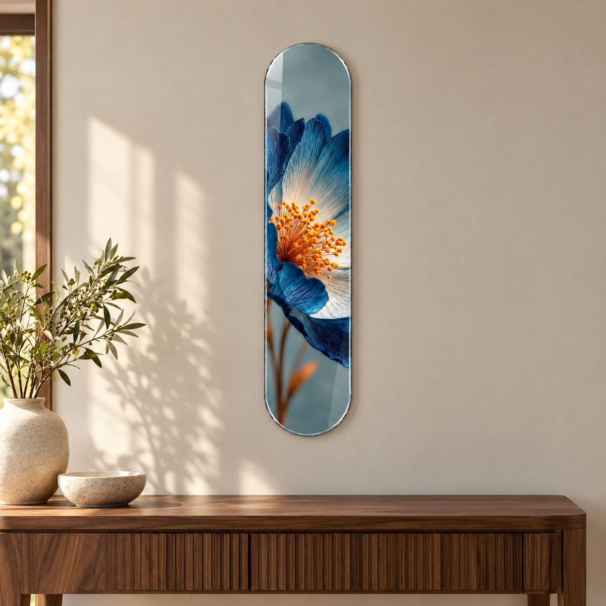 Mavi Beyaz Çiçek ve Altın Tohumlar Dikey Skate Board Cam Tablo - antre ve konsol