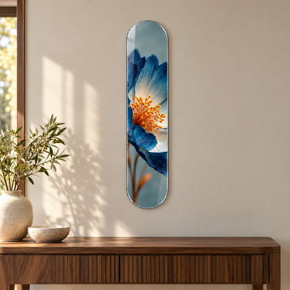 Mavi Beyaz Çiçek ve Altın Tohumlar Dikey Skate Board Cam Tablo - antre ve konsol