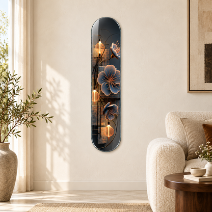 Antrasit Zeminde Çiçekler ve Altın Fenerler Dikey Skate Board Cam Tablo - salon