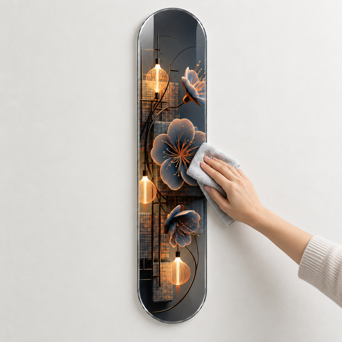 Antrasit Zeminde Çiçekler ve Altın Fenerler Dikey Skate Board Cam Tablo - mikrofiber bezle temizlik