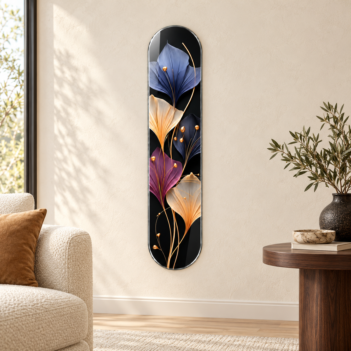 Siyah Zeminde Mor Krem ve Mavi Ginkgo Dikey Skate Board Cam Tablo - salon