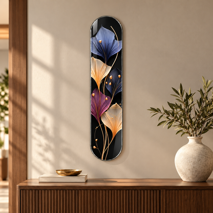 Siyah Zeminde Mor Krem ve Mavi Ginkgo Dikey Skate Board Cam Tablo - antre ve konsol