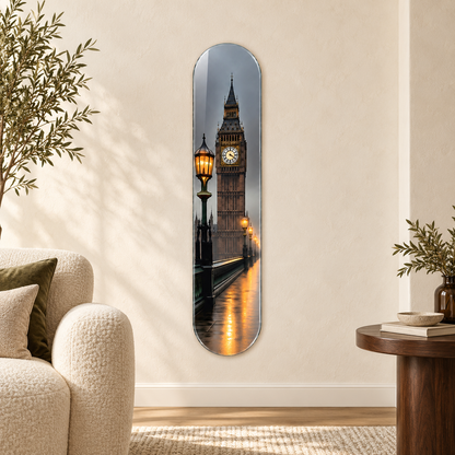 Sisli Londra Big Ben ve Sokak Lambaları Dikey Skate Board Cam Tablo - salon