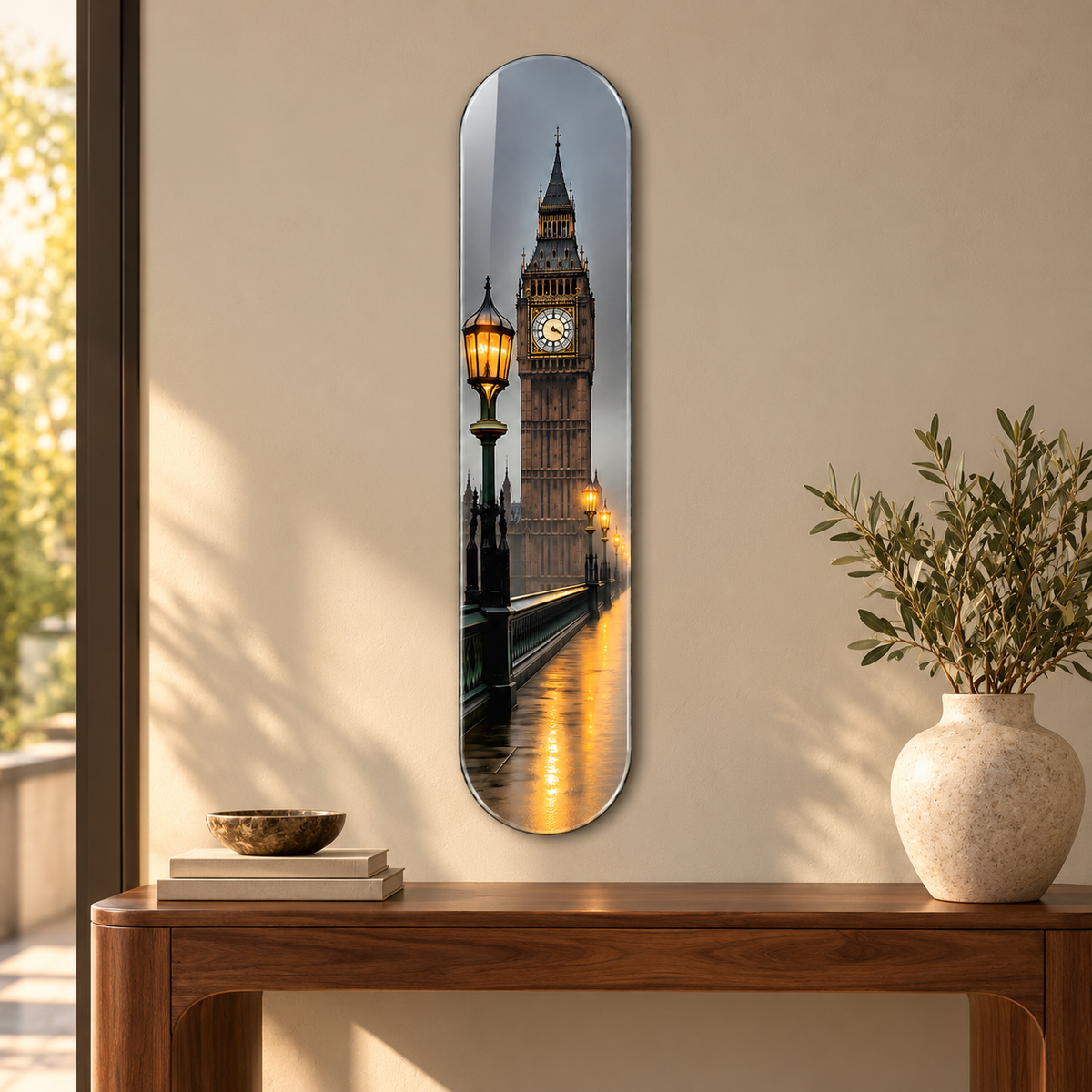 Sisli Londra Big Ben ve Sokak Lambaları Dikey Skate Board Cam Tablo - antre ve konsol