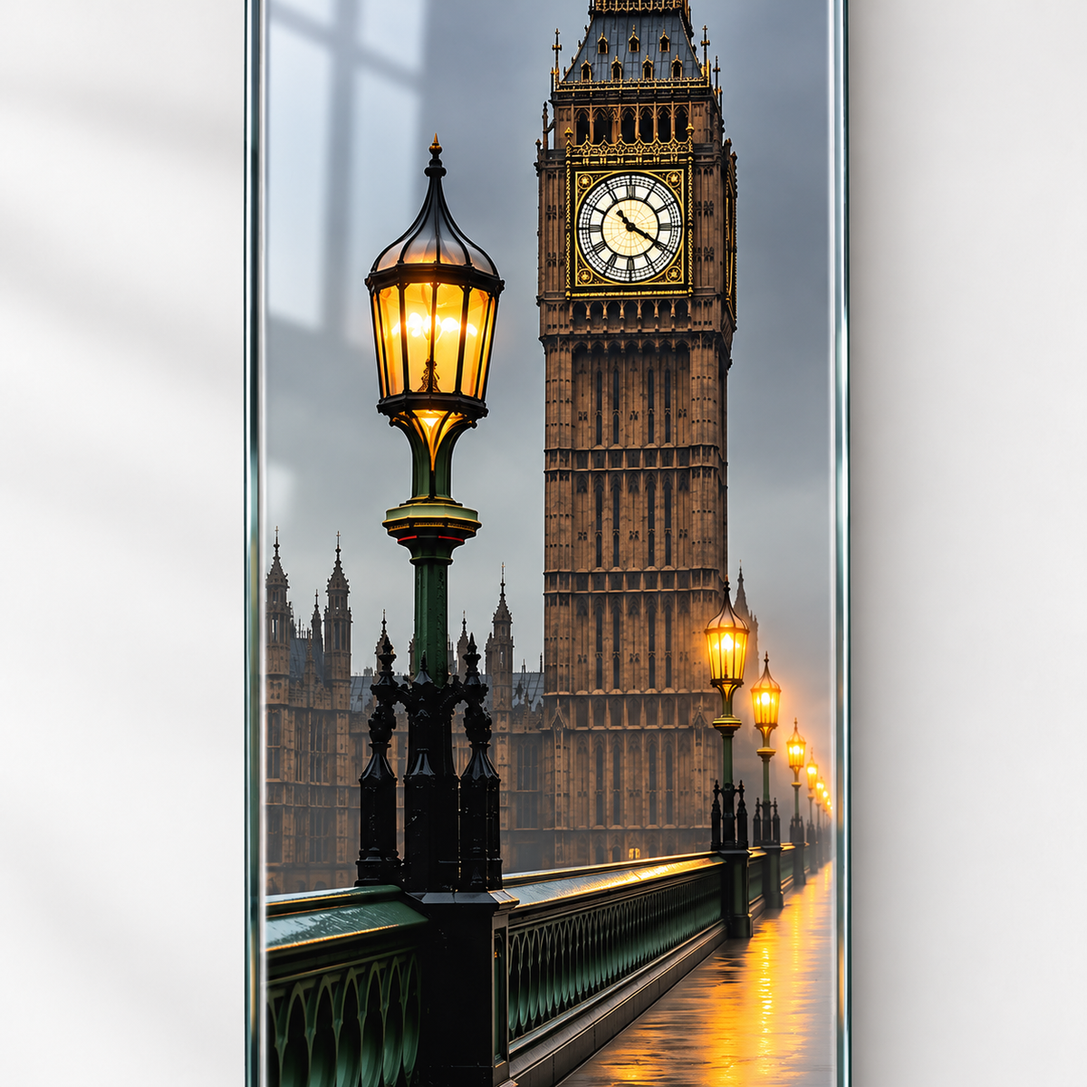 Sisli Londra Big Ben ve Sokak Lambaları Dikey Skate Board Cam Tablo - baskı detayı