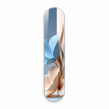Mavi ve Krem Soyut Çiçekler Dikey Skate Board Cam Tablo - beyaz vitrin