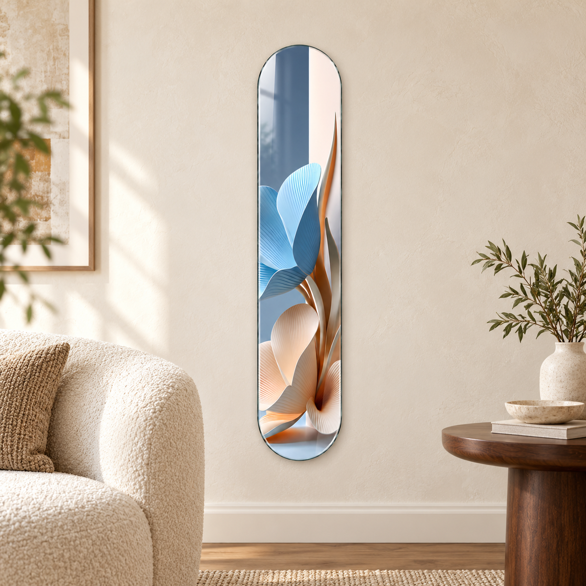 Mavi ve Krem Soyut Çiçekler Dikey Skate Board Cam Tablo - salon
