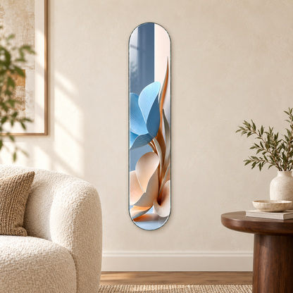 Mavi ve Krem Soyut Çiçekler Dikey Skate Board Cam Tablo - salon
